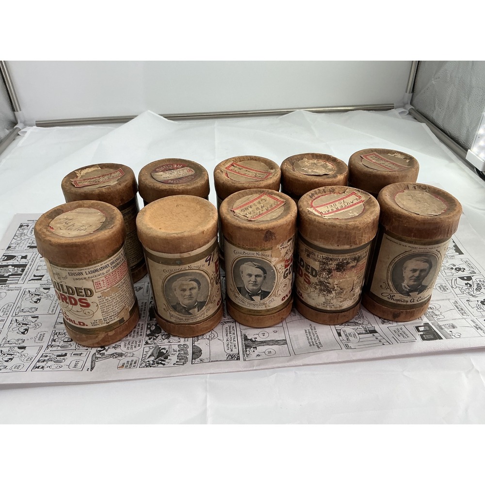 Lot of 10 Antique Thomas Edison Gold Moulded Record Phonograph Cylinders 1900s